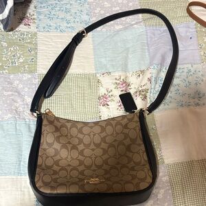 Coach Tan and Black Signature Shoulder Bag